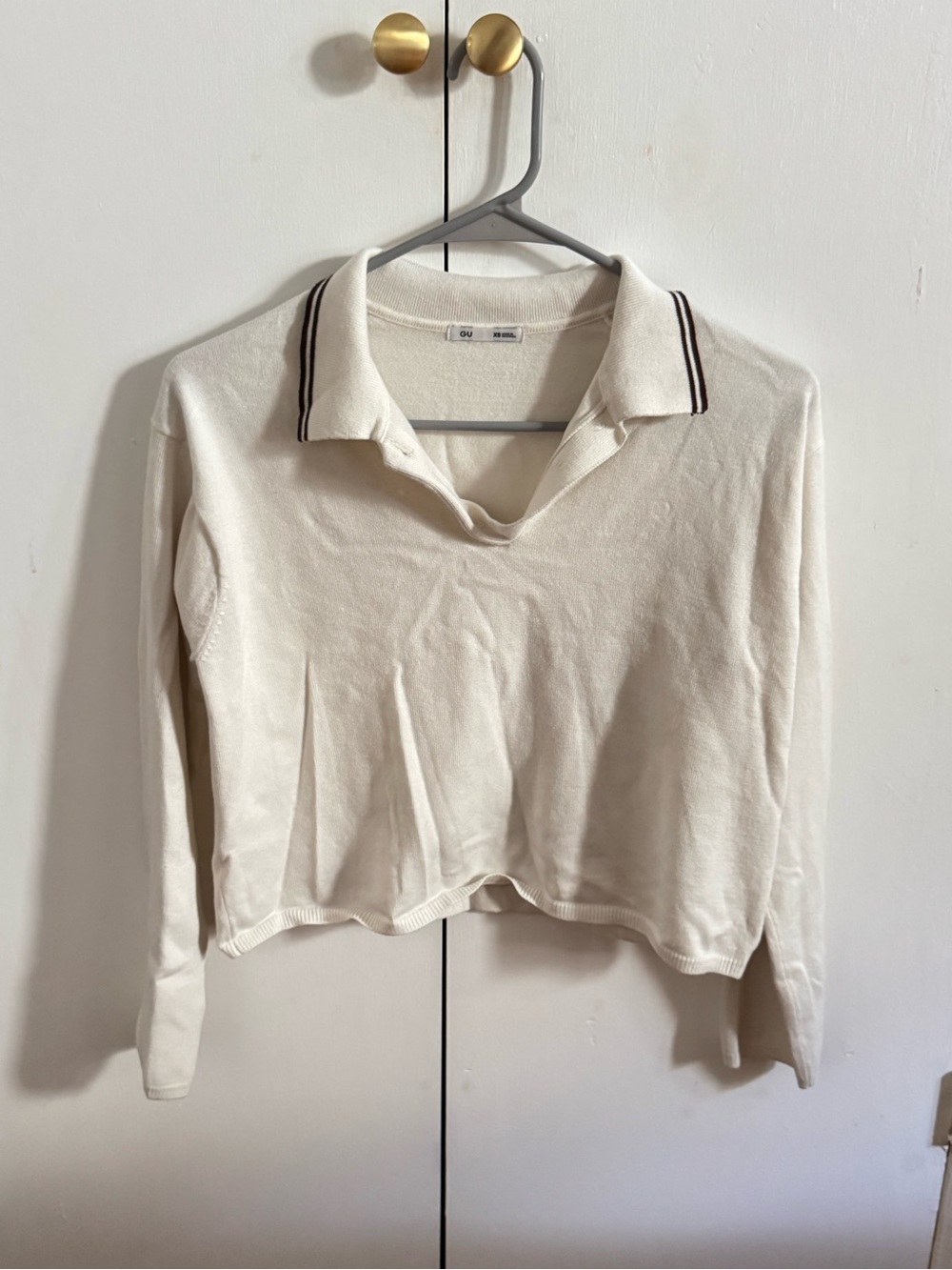 Women's Cream Long-Sleeve Polo Sweater with Contrast Trim